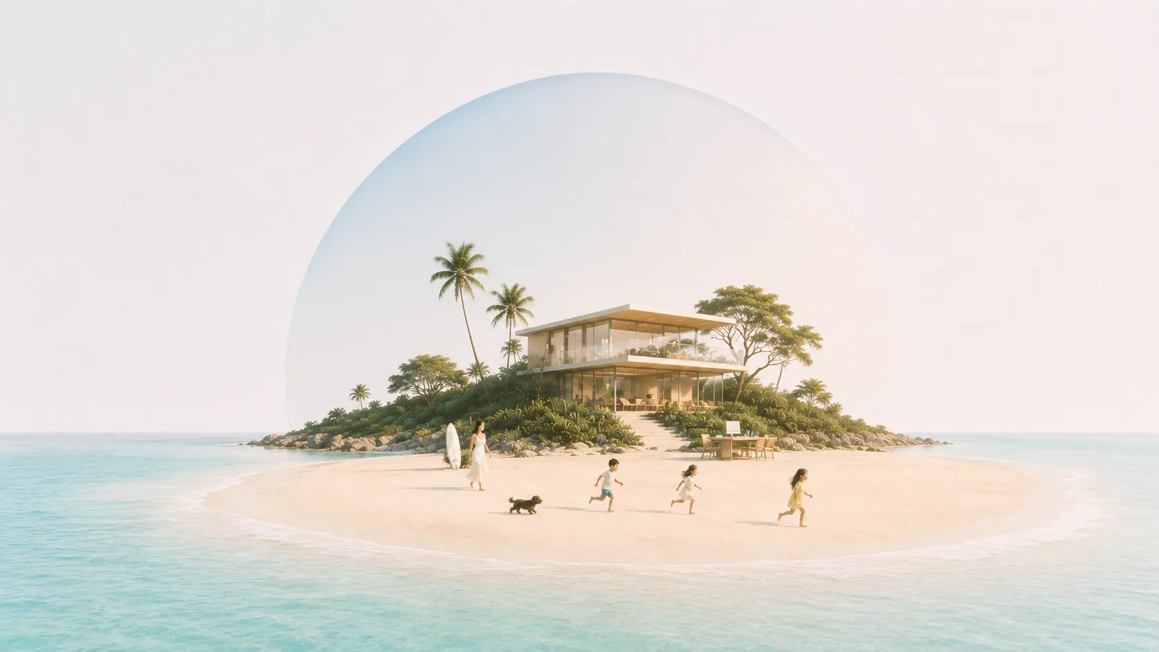 An illustrated small island with a modern home and a family on the beach — the visual signature of Ownland.